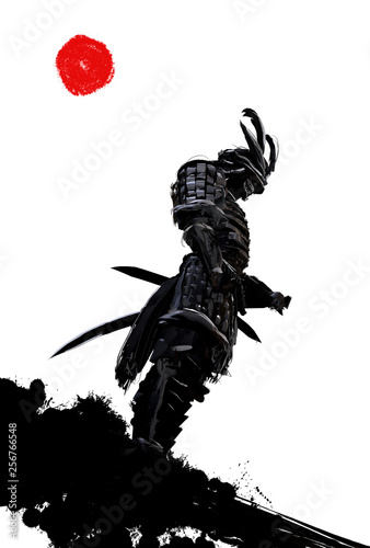 Obraz na plátně Japanese soldier standing on a hill in a dynamic perspective against a white sky