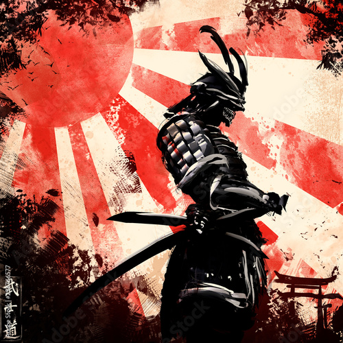 Obraz na plátně A samurai stands holding his hand on a katana, behind a red sunset,the inscripti