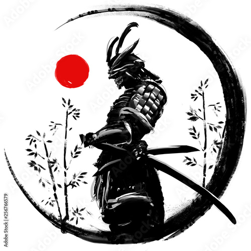 Fotografía Illustration of a Japanese warrior in an ink circle with a red sun