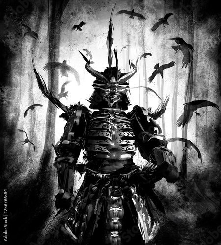 Fotografie, Obraz Japanese demon in samurai armor standing in the woods surrounded by a flock of c