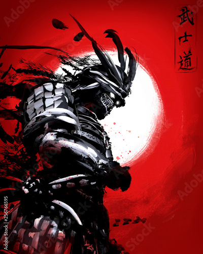 Fototapeta Japanese demon in a mask with glowing eyes on the background of a bloody sunset