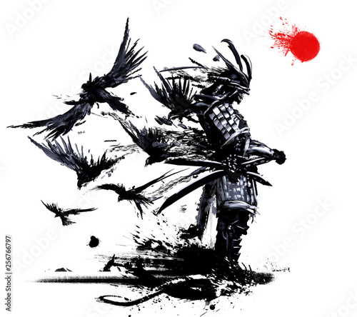 Cuadros en Lienzo Samurai stands against a white sky with a red sun, from his back flies a flock o