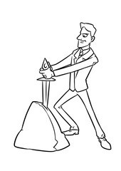 Wall Mural - Businessman chosen fate sword stone cartoon illustration isolated image