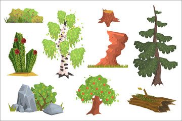 Poster - Flat vector set of nature elements. Apple tree, birch, cactus, bushes with berries, fir tree, stones, old stump, rock, log with moss. Cartoon design for gaming interface