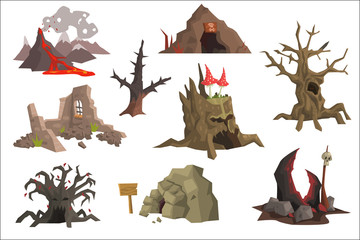 Poster - Flat vector set of landscape elements. Volcano with hot lava, ruins, swamp, old trees, cave, scary stump with mushrooms. Graphic design for gaming interface