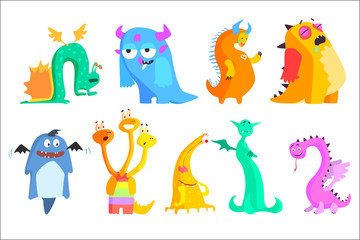 Wall Mural - colorful flat vector set of funny monsters. cartoon fantastic creatures with wings, horns and tails.