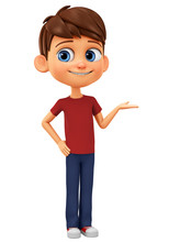 Cartoon Character Boy Points Hand At Empty Space On A White Background. 3d Rendering. Illustration For Advertising.