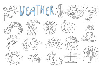 Wall Mural - Vector set of hand drawn icons for mobile weather forecast application. Wind, snow, rainbow, rain, thunderstorm, downpour, hurricane, sun, crescent, clouds. Meteorologic theme