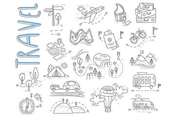 Wall Mural - Doodle set of travel and camping icons. Signpost, air balloon, bike, forest, road, camera, car, map, baggage, camping, hills, tent, trolleybus, train. Vector design