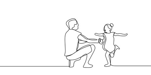 Funny family time with childhood concept of father and his daughter continuous one line drawing vector illustration