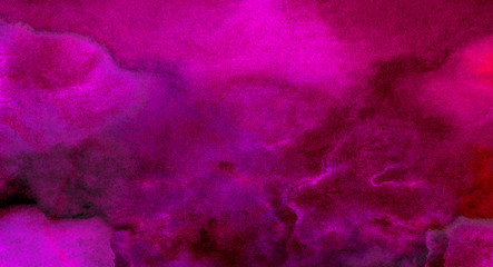 Neon dark grungy abstract paper textured aquarelle canvas for modern creative design. Bright light pink ink watercolor on black background. Cosmic magenta paper texture water color paint illustration