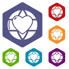 Poster - Planet heart icons vector colorful hexahedron set collection isolated on white