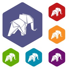 Canvas Print - Origami elephant icons vector colorful hexahedron set collection isolated on white