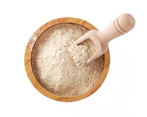 Quinoa flour in bowl isolated on white