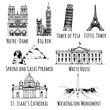 Notre Dame de Paris Cathedral, Elizabeth Tower (Big Ben), Palace of Westminster, Tower of Pisa, Sphinx and Pyramid of Cheops, White House, Saint Isaac's Cathedral, Washington Monument