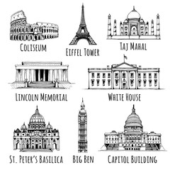 Coliseum, Eiffel Tower, Taj Mahal, Lincoln Memorial, White House, Saint Peter's Basilica, Elizabeth Tower (Big Ben), United States Capitol Building