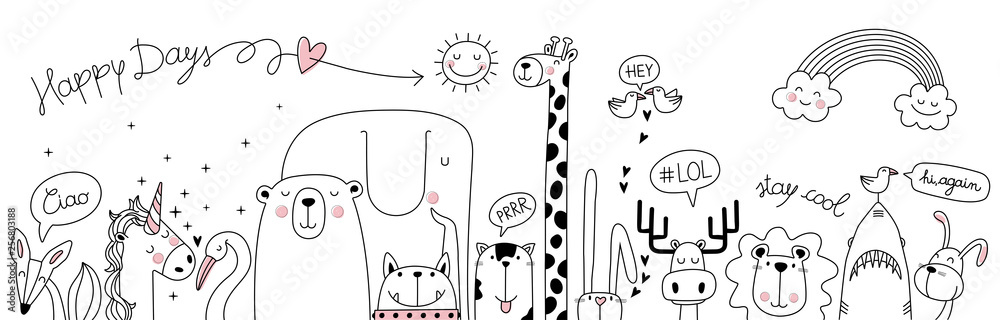 cute cartoon sketch animals - obrazy, fototapety, plakaty 