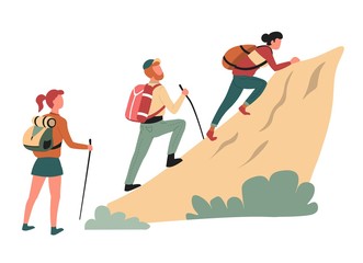 Wall Mural - hiking climbing cliff man and women hikers or backpackers