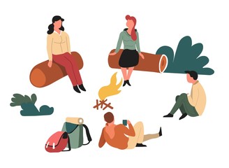 Wall Mural - hikers sitting around campfire on logs in forest backpacks