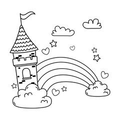 Canvas Print - fairytale castle in the clouds with rainbow scene