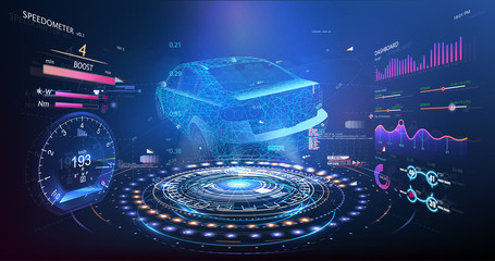 Fototapete - Hologram car style in HUD UI GUI. Hardware Diagnostics Condition of Car, Scanning. Cars infographic ui, analysis and diagnostics in the hud style, futuristic user interface