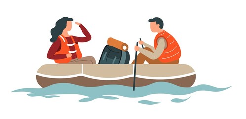 Wall Mural - rafting or hiking man and woman couple backpack and boat