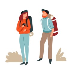 Wall Mural - hikers couple man and woman with backpacks and photo camera