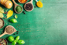 Spices And Herbs On Wooden Background