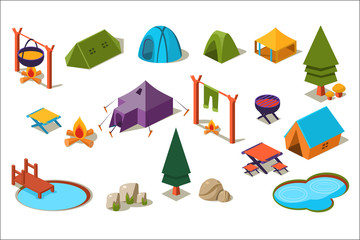 Poster - Vector set of isometric icons for camping. Active recreation. Forest element trees, stones, lakes , various tents, cooking at campfire. Summer vacation