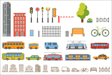 Poster - Vector city constructor design buildings, road equipment, transport, park elements. Buse, trolleybuse, tram, taxi and car. Flat and line style. Objects for background creation