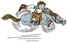 Cartoon Horse Racing Derby . Little Boy  Jockey Riding A Pony Very Fast In A Race . Funny Equestrian Sport . Vector Illustration