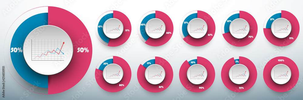 Pie chart set from 0 to 50/50 percents ready to use for web design, user interface (UI) or infographic. Two colors - rose and blue - obrazy, fototapety, plakaty 