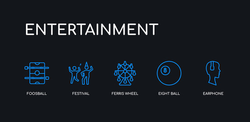  5 outline stroke blue earphone, eight ball, ferris wheel, festival, foosball icons from entertainment collection on black background. line editable linear thin icons.