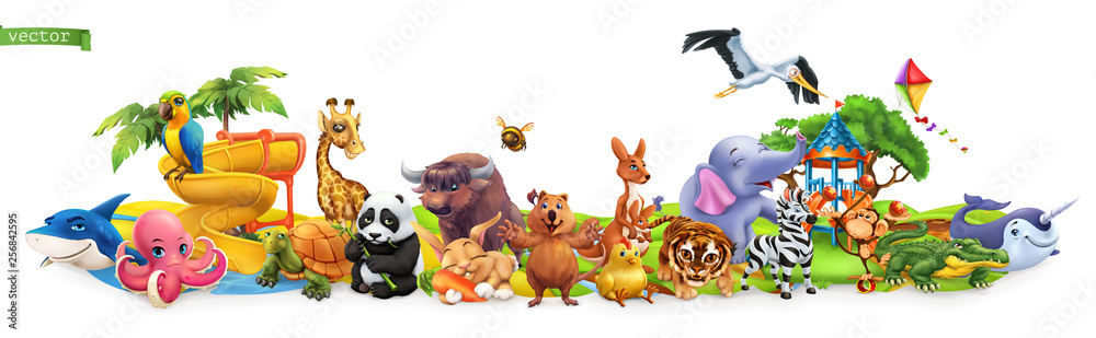 Funny animals. 3d vector panorama. Quokka, shark, turtle, parrot, giraffe, rabbit, zebra, elephant, stork, crocodile, kangaroo, panda. High quality 50mb eps - obrazy, fototapety, plakaty 