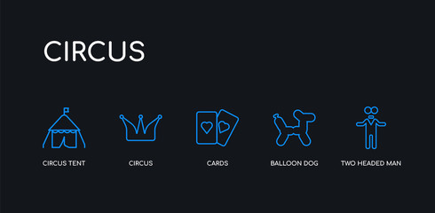  5 outline stroke blue two headed man, balloon dog, cards, circus, circus tent icons from circus collection on black background. line editable linear thin icons.