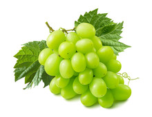 Green Grapes With Leaves Isolated On White Background