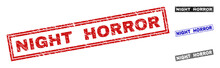Grunge NIGHT HORROR Rectangle Stamp Seals Isolated On A White Background. Rectangular Seals With Grunge Texture In Red, Blue, Black And Gray Colors.