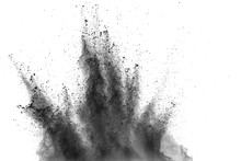 Black Powder Explosion Against White Background. Charcoal Dust Particles Exhale In The Air.