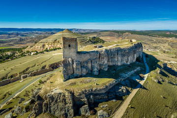 Wall Mural - Atienza aerial panorama with blue sky of medieval ruined castle and town with city walls in Castille and Leon Spain