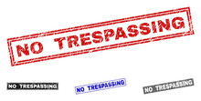Grunge NO TRESPASSING Rectangle Stamp Seals Isolated On A White Background. Rectangular Seals With Grunge Texture In Red, Blue, Black And Grey Colors.