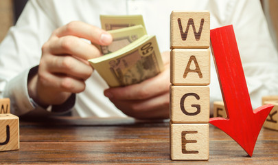 Wall Mural - Wooden blocks with the word Wage and red arrow down. Salary reduction. Drop in profits. Financial crisis. Demote. Low profit. Capital outflow. Concept of business and finance. Recession. Businessman