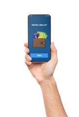 Wall Mural - Man holding smartphone with digital wallet application