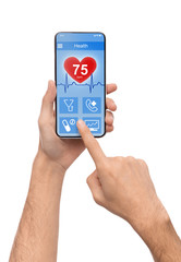Aufkleber - Man using smartphone app to check health data