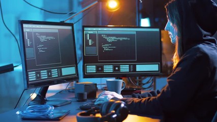 Poster - cybercrime, hacking and technology concept - female hacker in dark room creating code or using computer virus program for cyber attack