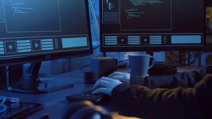 Canvas Print - cybercrime, hacking and technology concept - female hacker in dark room creating code or using computer virus program for cyber attack