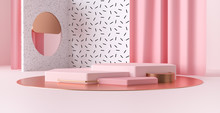 3d Render Abstract Platforms With Golden, Pink Shapes And Curtains. Geometric Figures In Modern Minimal Design. Realistic Mock Up For Promotion, Banners Background, Product Show