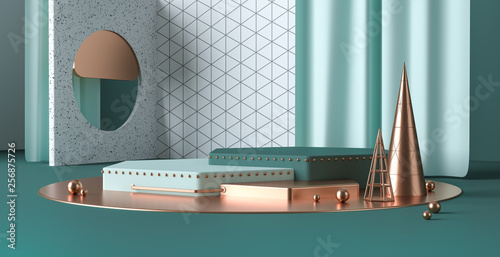 3d Render Abstract Platforms With Golden Dark Green Shapes And