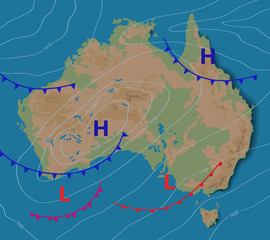 Wall Mural - weather forecast of australia. meteorological weather map of the australia. realistic synoptic map w