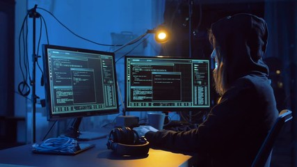 Poster - cybercrime, hacking and technology concept - female hacker in dark room creating code or using computer virus program for cyber attack