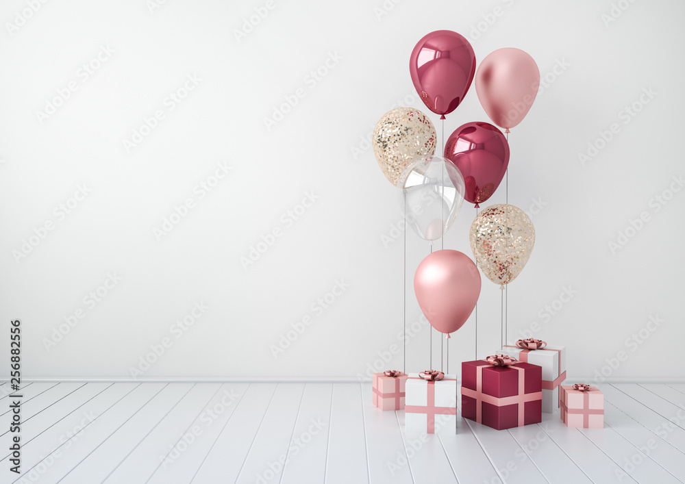 3D interior render with plum and pink balloons, gift boxes. Realistic ...